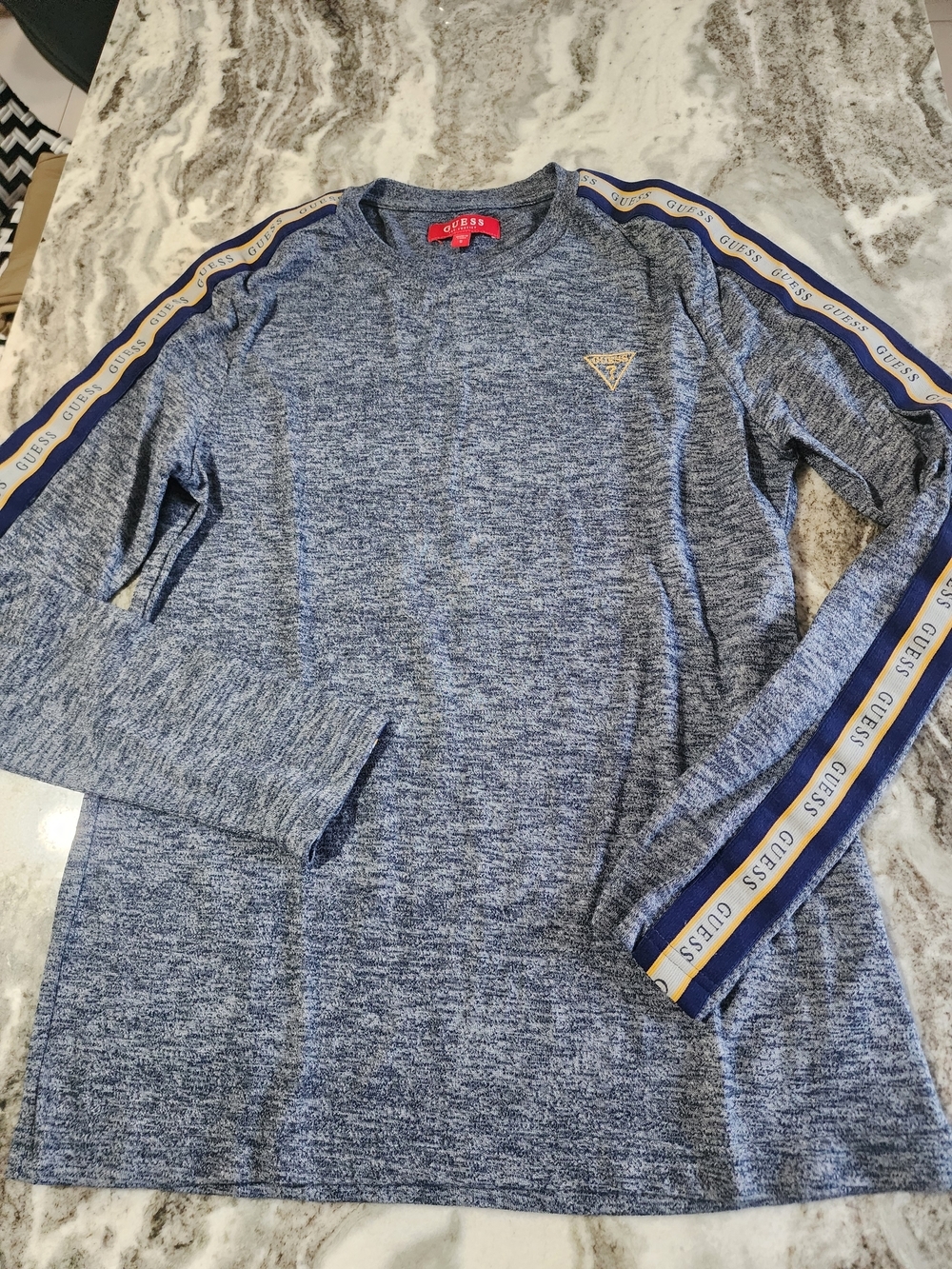 GUESS Blue Marled Long Sleeve Tee with Logo Tape